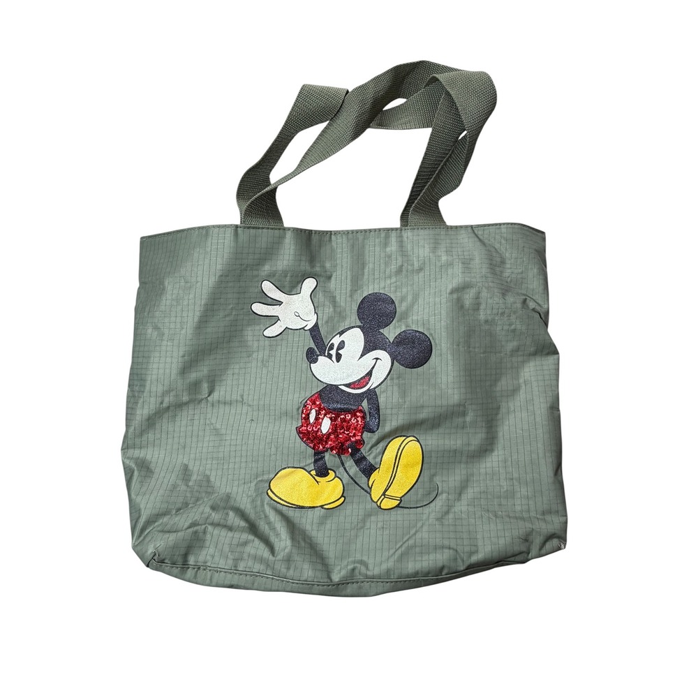 Disney Mickey Mouse Olive Green Ripstop Tote Bag and Makeup Pouch Set Sequin